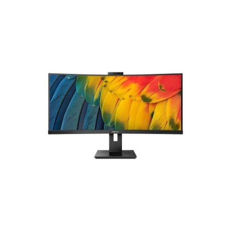 Philips Ultrawide 34B1U5600CH 34" curved LCD monitor with 3440x1440 resolution, built-in webcam, and VESA mount compatibility.