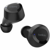 Belkin SOUNDFORM BOLT TRUE Wireless Earbuds in black, featuring Bluetooth 5.2, 28-hour battery, and IPX4 water resistance.