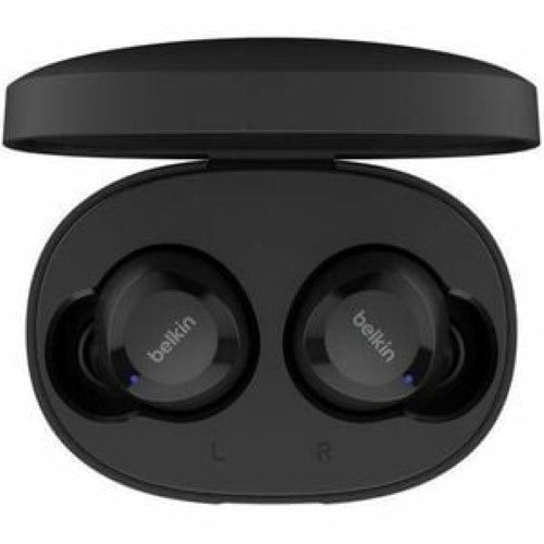 Belkin SOUNDFORM BOLT TRUE Wireless Earbuds in black, featuring Bluetooth 5.2, 28-hour battery, IPX4 rating, and ergonomic design.