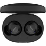 Belkin SOUNDFORM BOLT TRUE Wireless Earbuds in black, featuring Bluetooth 5.2, 28-hour battery, IPX4 rating, and ergonomic design.