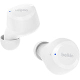 Belkin SOUNDFORM BOLT TRUE Wireless Earbuds in white, featuring 28-hour battery, IPX4 rating, and Bluetooth 5.2 for seamless connectivity.