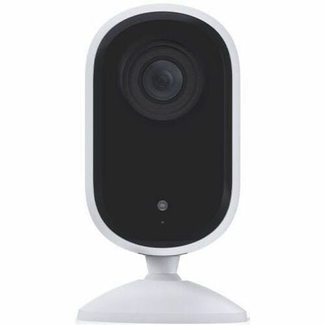 Arlo Essential 2K Indoor Camera in white with 130° view, night vision, and an automated privacy shield for home security.