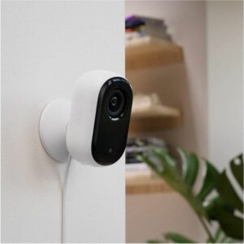 Arlo Essential 2K Indoor Camera in white with 130° field of view, automated privacy shield, and color night vision.