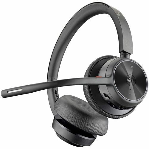 HP Poly Voyager 4320 UC headset with wired/wireless options, crystal-clear audio, noise-canceling mic, and comfort design.