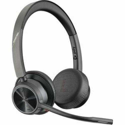 HP Poly Voyager 4320 UC headset, a versatile wired/wireless audio tool with noise-canceling mic, ideal for focused video calls.