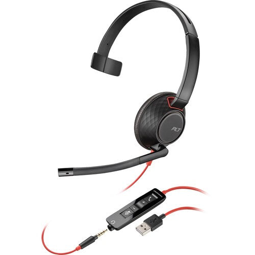 HP Poly Blackwire 5210 Mono USB-A headset featuring noise-canceling mic, comfortable design, and seamless device connectivity.