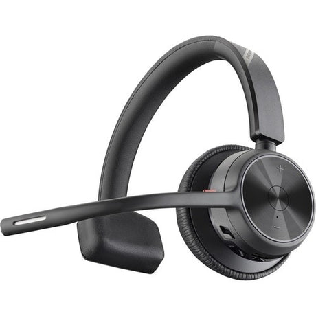 HP Poly Voyager 4310 UC headset featuring USB-C, Bluetooth, mono design, noise-canceling mic, and memory foam ear cushions.