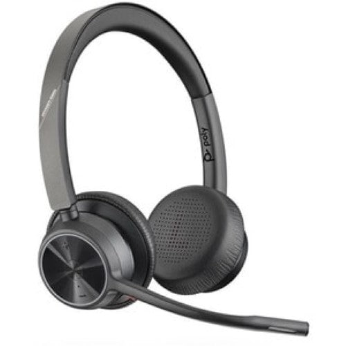 Bluetooth headset VOYAGER 4320 UC with dual-mic technology, ergonomic design, and versatile wired/wireless options.