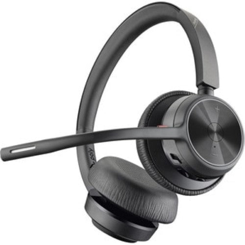 Bluetooth headset VOYAGER 4320 UC with dual-mic noise cancellation, ergonomic design, and versatile wired/wireless connectivity.