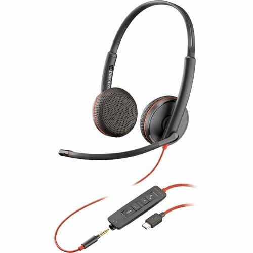 Sleek black HP Poly BW C3225 stereo USB-C headset with noise-canceling, plush ear cushions, and on-ear design for comfort.