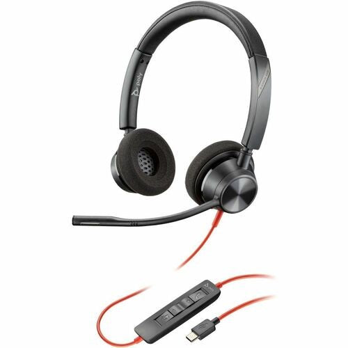 Poly BW 3320 Stereo USB-C headset in black, designed for comfort and clear audio, perfect for virtual meetings and calls.