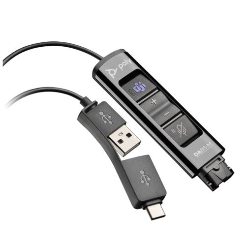 HP Poly DA85-M adapter for seamless headset connectivity, featuring inline controls, quick disconnect, and hearing protection.