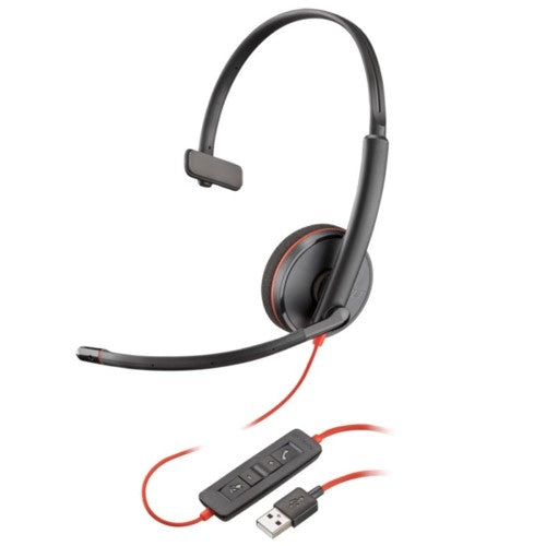 HP Blackwire C3210 USB-A mono headset with noise-canceling mic, 161 cm cable, dynamic EQ, and comfortable on-ear design.