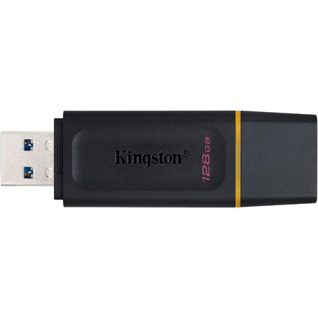 Kingston 128GB USB 3.2 flash drive in black and yellow, featuring lightweight design, cap protection, and keyring loop.