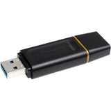 Sleek black and yellow Kingston 128GB USB 3.2 flash drive with protective cap and keyring loop for portable storage.