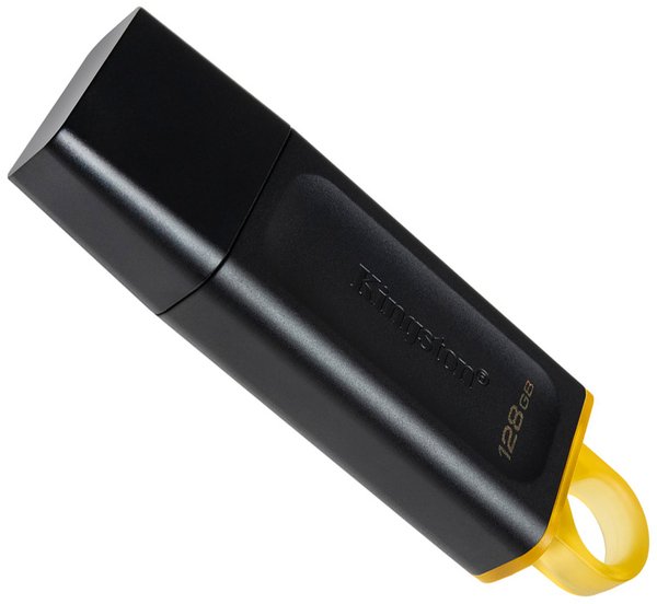 Black and yellow Kingston 128GB USB 3.2 flash drive, lightweight and portable, ideal for quick data storage and transfer.