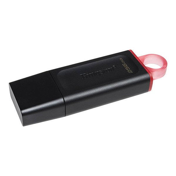 Kingston 256GB DT Exodia USB flash drive in black and pink, featuring USB 3.2 for fast data transfer and a protective cap.