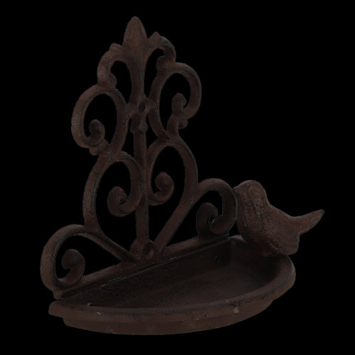 Cast iron wall bird feeder with open design, perfect for feeding birds and enhancing garden decor, dimensions 18 x 10 x 19cm.