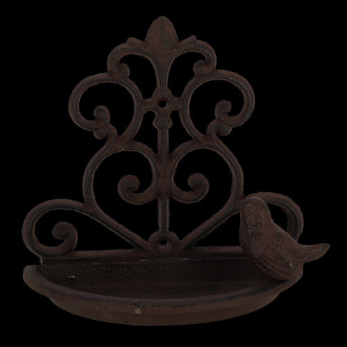 Decorative cast iron wall bird feeder with open design, ideal for attracting various birds in your outdoor space.