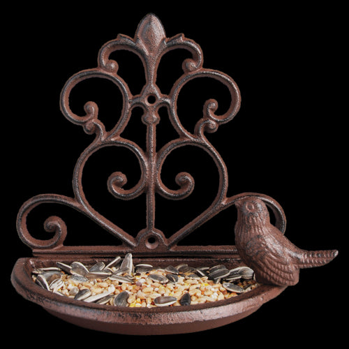 Cast iron wall bird feeder, 18x10x19cm, with open design for easy access, ideal for feeding birds or providing water.