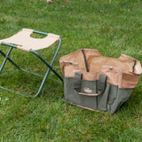 2-in-1 garden tool stool with removable bag, 40 x 30 x 30cm, featuring spacious compartments for tools and portability.