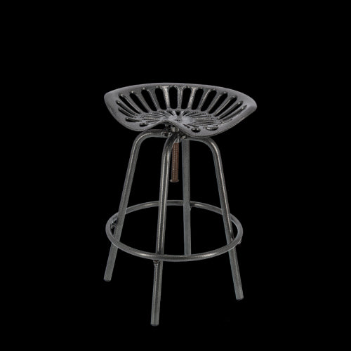 Grey Tractor Bar Stool featuring vintage tractor design, height adjustable, padded seat, and convenient footrest for comfort.