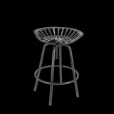 Grey Tractor Bar Stool featuring vintage tractor design, height adjustable, padded seat, and convenient footrest for comfort.