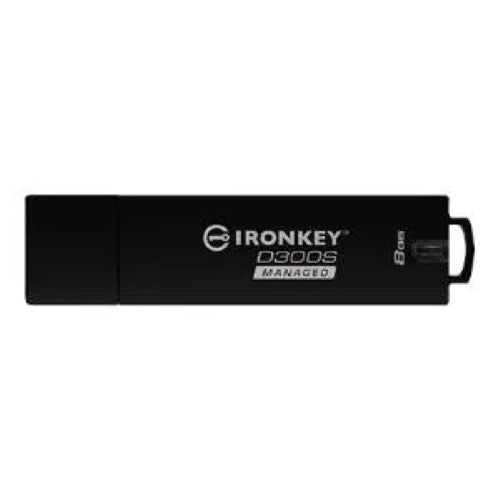 Kingston IronKey D300SM 8GB USB drive with AES 256 encryption, rugged zinc casing, and tamper-proof design for secure data storage.