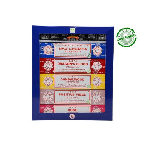 Satya Assorted Hanging Incense gift pack featuring six calming fragrances for yoga, meditation, and creating a serene atmosphere.