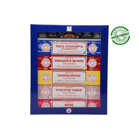 Satya Assorted Hanging Incense gift pack featuring six calming fragrances for yoga, meditation, and creating a serene atmosphere.