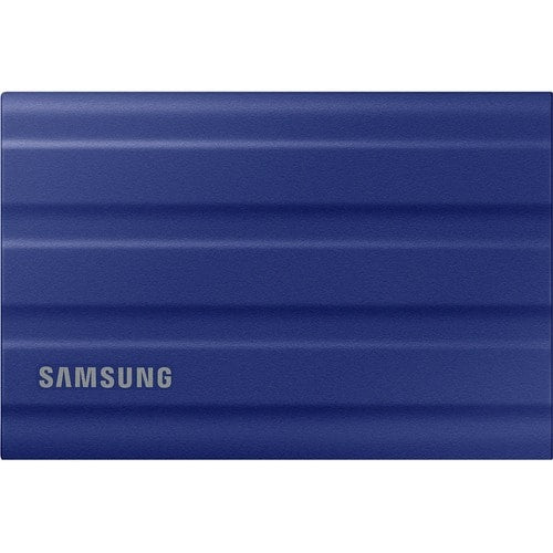 Compact blue 1TB Samsung T7 Shield Portable SSD with 1050 MB/s read speed, 256-bit AES encryption, dust and water resistant.