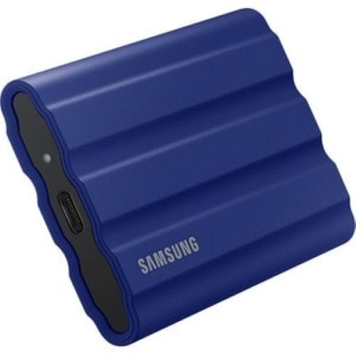 Samsung T7 Shield Blue 1TB Portable SSD, rugged design, fast 1050 MB/s read speed, dust and water resistant, AES encryption.