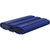 Samsung T7 Shield Portable SSD in blue, 1TB, rugged, dust and water resistant with fast 1050 MB/s read speeds and 256-bit encryption.