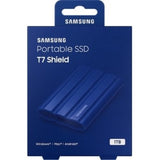 Portable Samsung T7 Shield SSD in blue, 1TB capacity, with fast 1050 MB/s read speed, dust and water resistant.