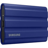 Portable blue 1TB Samsung T7 Shield SSD with 1050 MB/s read speed, dust, and water-resistant for secure, on-the-go storage.