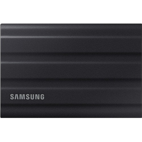 Samsung T7 Shield Portable SSD in black, 2TB capacity, rugged design, USB 3.2, fast read/write speeds, 256-bit AES encryption.