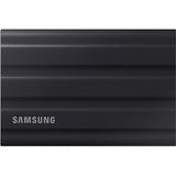 Samsung T7 Shield Portable SSD in black, 2TB capacity, rugged design, USB 3.2, fast read/write speeds, 256-bit AES encryption.