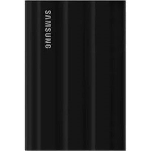 Samsung T7 Shield Portable SSD in black, 2TB capacity, USB 3.2, 1050 MB/s read speed, rugged, water and dust resistant.