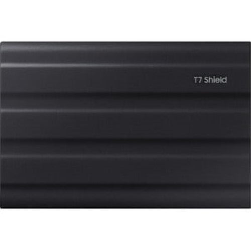 Samsung T7 Shield Portable SSD 2TB in black, featuring fast 1050 MB/s read speed, rugged design, and 256-bit AES encryption.