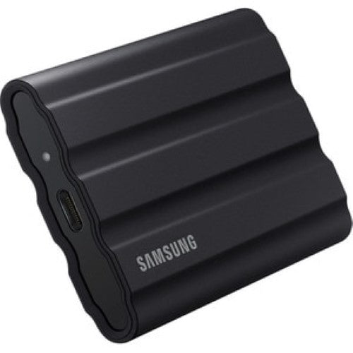 Sleek black Samsung T7 Shield Portable SSD, 2TB, rugged design, USB 3.2, fast read/write speeds, 256-bit AES encryption.