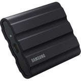 Sleek black Samsung T7 Shield Portable SSD, 2TB, rugged design, USB 3.2, fast read/write speeds, 256-bit AES encryption.