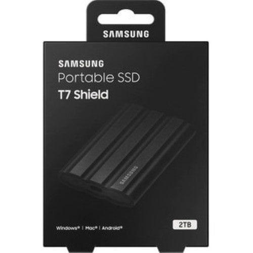 Portable Samsung T7 Shield 2TB SSD in black, featuring fast read/write speeds, AES encryption, and rugged water/dust resistance.