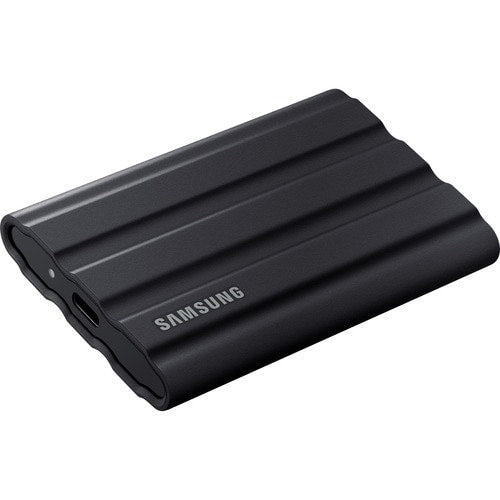 Samsung T7 Shield 4TB SSD in black, featuring IP65 rugged design, fast USB 3.2 Gen 2 speeds, and compatibility with various devices.