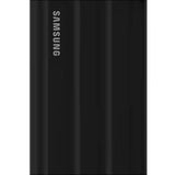 Portable black Samsung T7 Shield 4TB SSD with IP65 durability, 1050 MB/s speeds, ideal for secure data storage on the go.