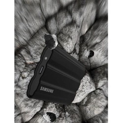 Samsung T7 Shield 4TB Portable SSD in black, rugged design with IP65 rating, 1050 MB/s speed, ideal for professionals on the go.