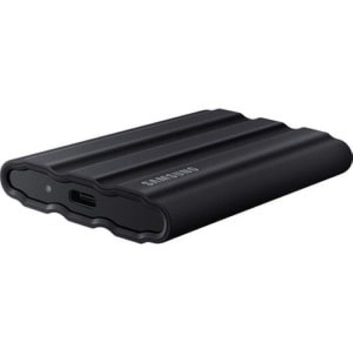 Samsung T7 Shield portable SSD in black, 4TB storage, rugged design, IP65-rated, USB 3.2, fast read/write speeds.