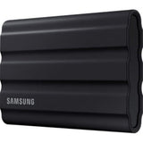 Portable Samsung T7 Shield 4TB SSD in black, featuring rugged IP65 design, 1050 MB/s transfer speed, and compatibility with multiple devices.