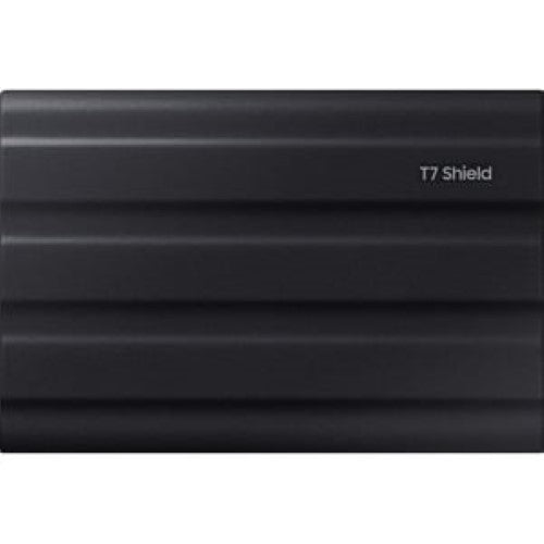 Portable Samsung T7 Shield 4TB SSD in black, featuring rugged design, fast USB 3.2 connectivity, and IP65 water/dust resistance.