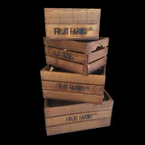 Set of 4 vintage-style brown wooden crates, versatile for storage and decor, available in various sizes.