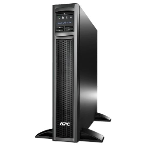 Black APC Smart-UPS X 750VA Rack/Tower UPS with 8 outlets, 12-minute backup, and management software for optimal power protection.